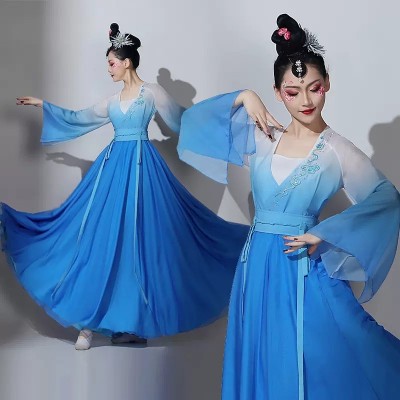 Women Young girls Blue gradient Chinese folk Classical dance performance costumes hanfu princess dress female  Han Tang fairy dresses Stage Performance outfits for female