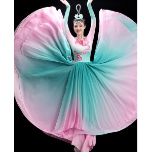 Women Young girls Fairy princess Chinese folk dance dresses turuqoise with pink gradient colored umbrella fan classical dance costumes for female