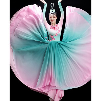 Women Young girls Fairy princess Chinese folk dance dresses turuqoise with pink gradient colored umbrella fan classical dance costumes for female