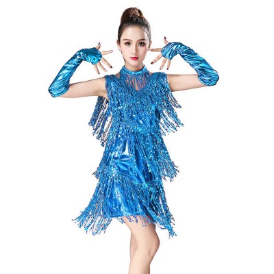 Women young girls sequined tassels Latin dance dress Sequin fringe silver gold blue green red black pink latin rumba chacha dance dress singers jazz stage performance costume