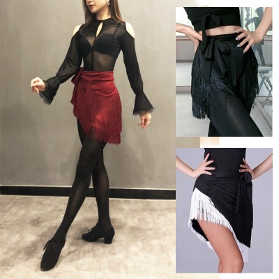 Women young girls wine black white fringed latin dance skirts tassels Latin dance practice one price wrap hip scarf  for female