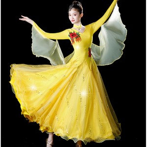 Women young girls Yellow color ballroom waltz competition dance dresses with diamond stage performance tango foxtort smooth dance gown gor woman