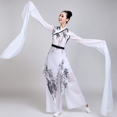 Women's ancient traditional classical Chinese folk dance costumes white colored waterfall sleeves drama anime cosplay fairy yangko fan dancing dresses 