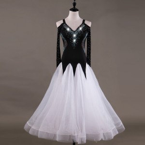 Women's ballroom competition dresses long length black and white diamond long dew sleeves waltz tango dancing dresses