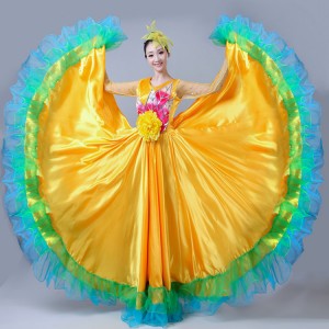 Women's ballroom dancing dress green yellow pink flowers dress flamenco Spanish opening bull dance dresses 720degree
