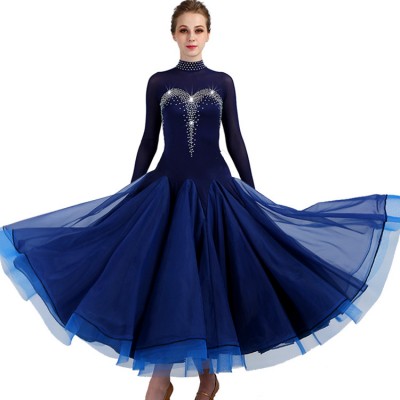Women's ballroom dresses navy diamond competition stage performance professional long sleeves waltz tango chacha dancing dresses