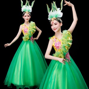 Women's ballroom flamenco dress petal green colored opening dance dresses stage performance costumes