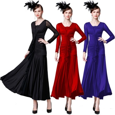 Women's ballroom waltz tango dancing long dresses for female flamenco black red blue stage performance dresses
