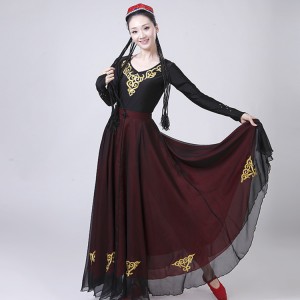 Women's belly dance costumes wine red with black  chinese folk dance dresses xinjiang cosplay stage performance dresses