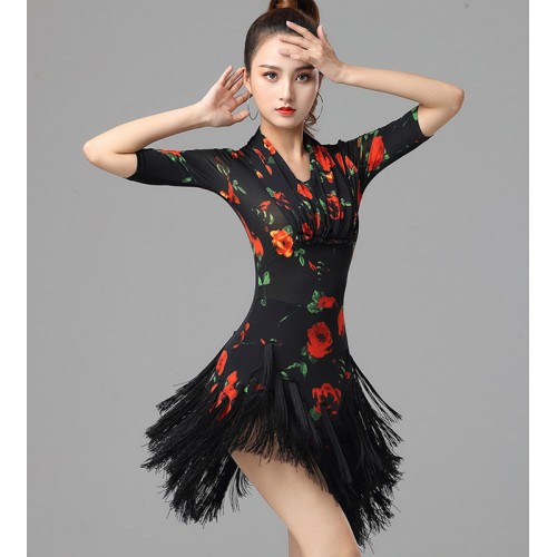 Womens black with red rose flowers latin dance dresses fringed latin performance skirt v neck rumba salsa chacha dance dress for women