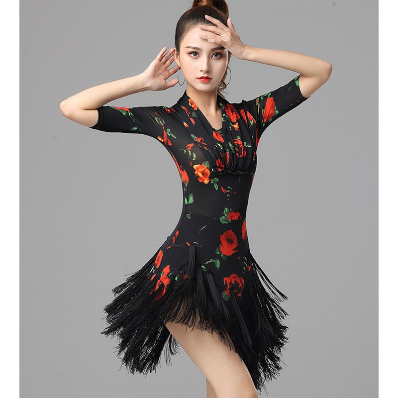 Womens black with red rose flowers latin dance dresses fringed latin performance skirt v neck rumba salsa chacha dance dress for women