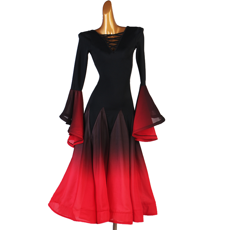 Women's black with red standard ballroom dance dresses modern dance waltz tango foxtrot dance long dress ballroom dance costumes for female