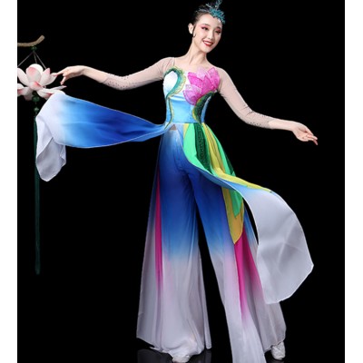 Women's blue colored traditional classical Chinese folk dance costumes oriental stage performance fairy cosplay dancers dress