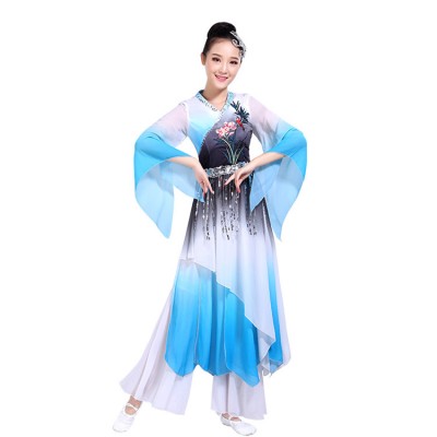Women's blue gradient colored chinese folk dance costumes hanfu fan umbrella fairy princess stage performance dresses