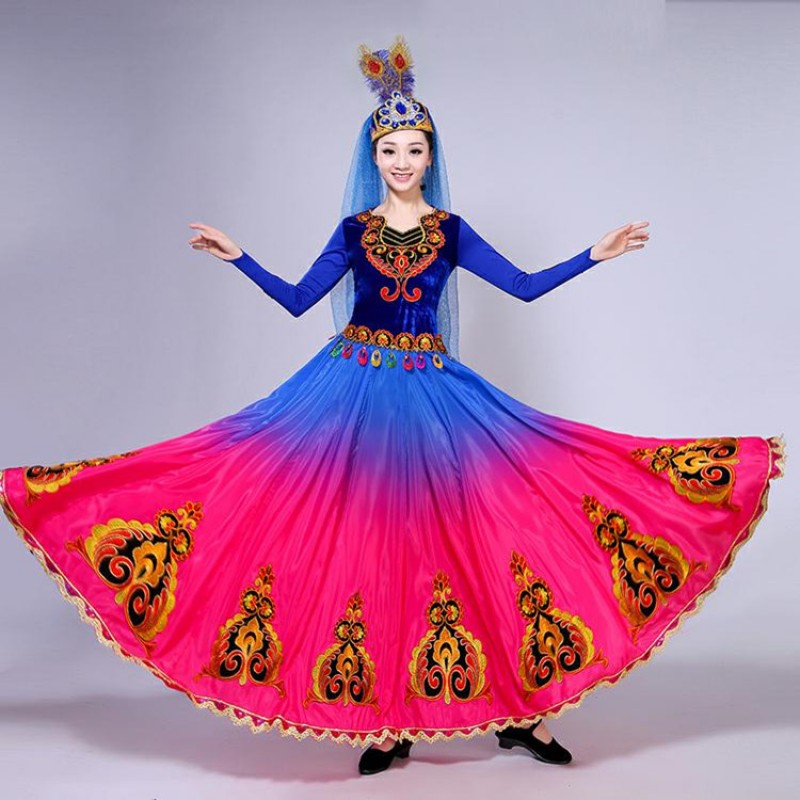 Women's china chinese folk dance dresses royal blue ancient traditional performance xinjiang belly dancing dancers photos cosplay dresses
