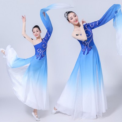 Women's china style chinese folk dance costumes royal blue traditional yangko fairy competition photos waterfall sleeves cosplay dresses
