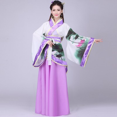 Women's chinese ancient dance fairy cosplay dresses violet lotus tang dynasty hanfu photo sudio dance school stage performance robes costumes