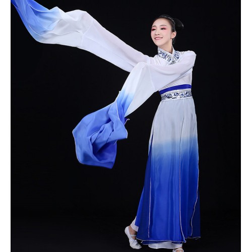 Women's chinese ancient traditional classical dance costumes blue gradient fairy yangko umbrella dance costumes 