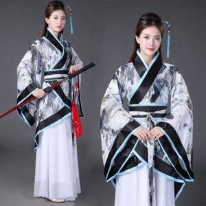 Women's Chinese ancient traditional dance costumes hanfu Japanese Korean kimono black and white gradient performance drama fairy cosplay robes 