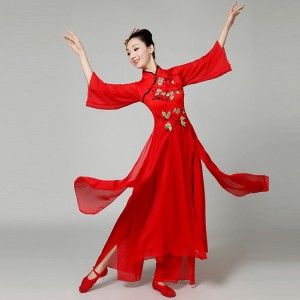 Women's Chinese ancient traditional folk dance dress red colored stage performance yangko fan classical team group dancers competition costumes