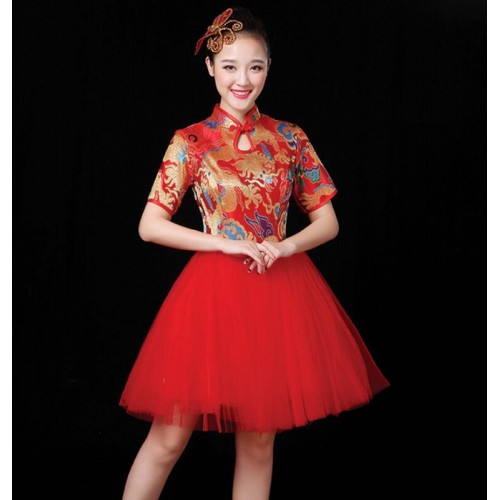 Women's chinese dragon drummer yangko dance costumes stage performance chinese umbrella fan dance dresses