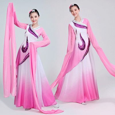 Women's chinese folk dance costumes ancient traditional classical ancient pink colored water sleeves yangko fan umbrella dance dresses