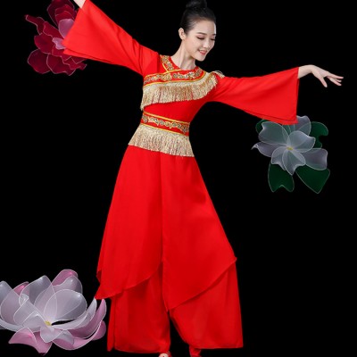 Women's chinese folk dance costumes ancient traditional red dragon style yangko drummer place  square fan dance dresses