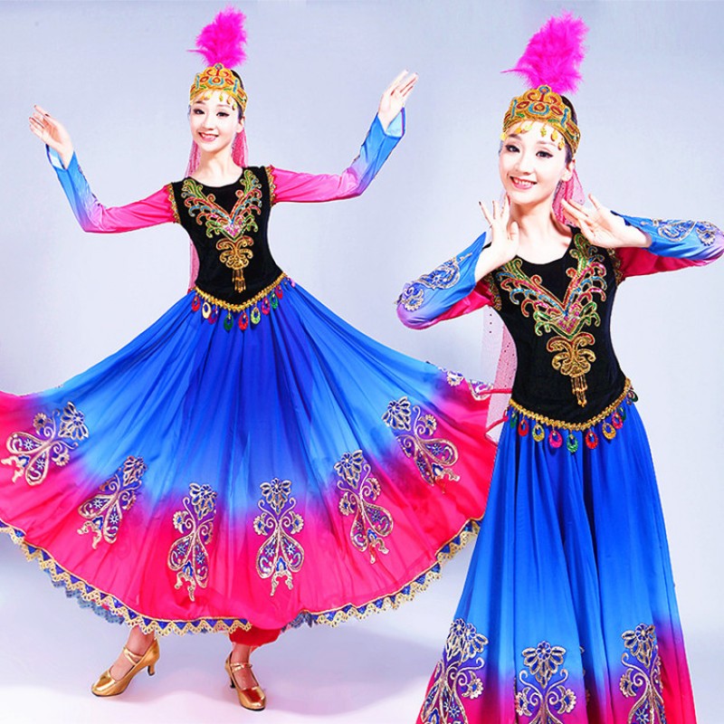 Women's chinese folk dance costumes ancient traditional xinjiang minority belly dance dresses