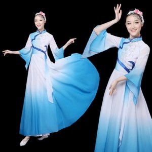Women's chinese folk dance costumes  blue gradient colored fairy cosplay ancient traditional classical yangko fan umbrella dance dresses