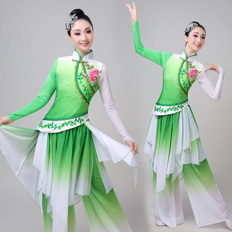 Women's chinese folk dance costumes calssical dance dress green colored yangko dane costumes classical umbrella fan dance dress