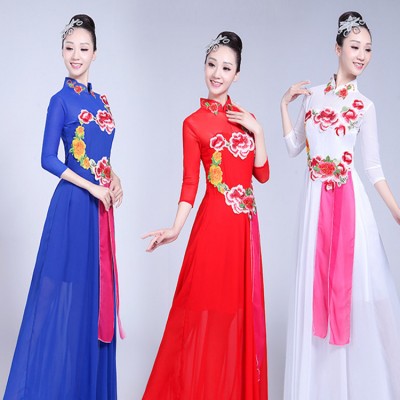 Women's Chinese folk dance costumes chorus singers dress Royal blue white red ancient classical traditional dance dresses