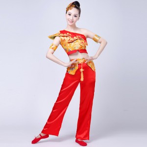Women's chinese folk dance costumes dragon gold red traditional ancient dragon drummer performance cosplay dresse