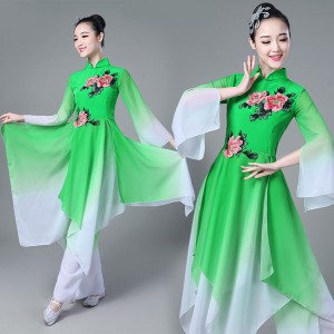 Women's chinese folk dance costumes fairy classical dance fuchsia green yangko ancient traditional fan umbrella dance dresses