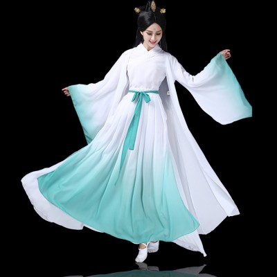 Women's Chinese folk dance costumes female fairy hanfu cosplay dresses green gradient colored stage performance guzheng dress