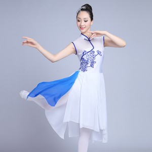 Women's chinese folk dance costumes for female ancient traditional china style white and blue fan yangko performance competition dresses