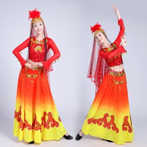 Women's chinese folk dance costumes for female red and yellow  ancient xinjiang dance belly dance photos anime cosplay performance dresses costumes 