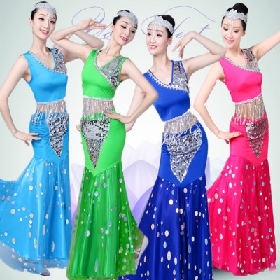 Women's Chinese folk dance costumes girls ancient traditional dai minority mermaid belly dance dresses costumes