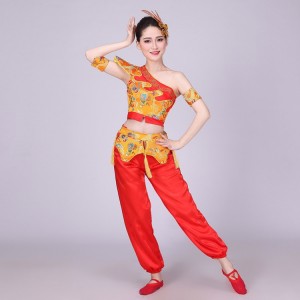 Women's chinese folk dance costumes gold with red dragon style  ancient traditional drummer stage performance dress tops and pants