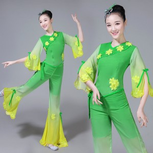 Women's Chinese folk dance costumes green colored ancient square fan dance traditional classical dance fairy cosplay clothes dresses