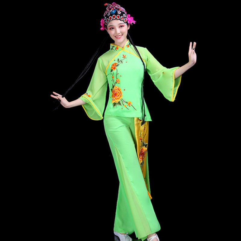 Women's Chinese folk dance costumes green colored fairy ancient traditional stage performance yangko classical fan umbrella dance tops and pants