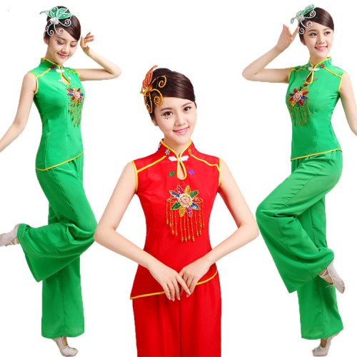 Women's Chinese folk dance costumes green red colored china style yangko dance stage performance square dance costumes dresses
