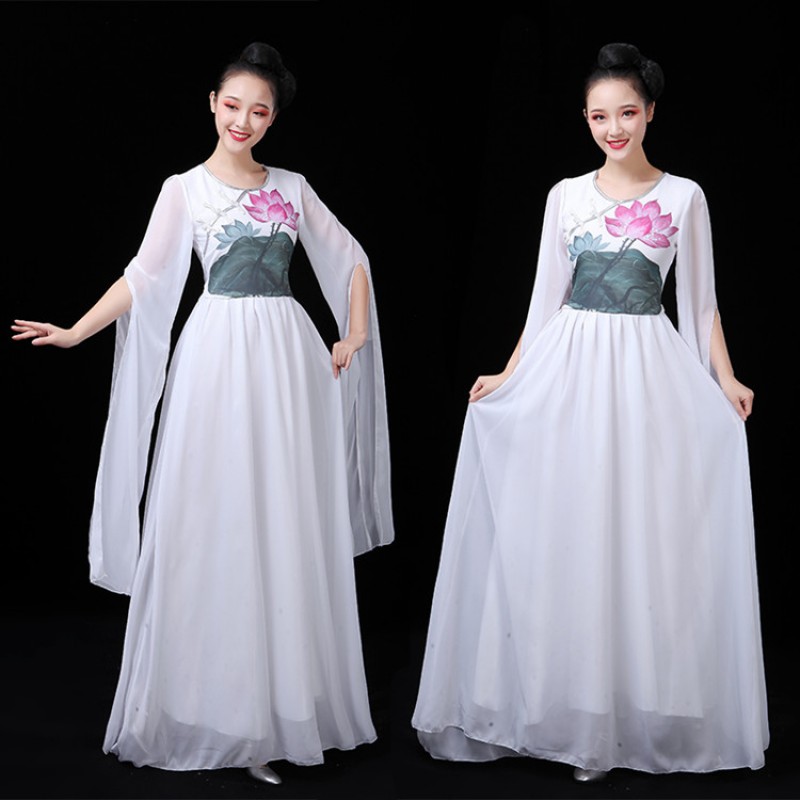 Women's Chinese folk dance costumes hanfu ancient white colored fairy cosplay yangko fan dance skirts stage performance professional dress