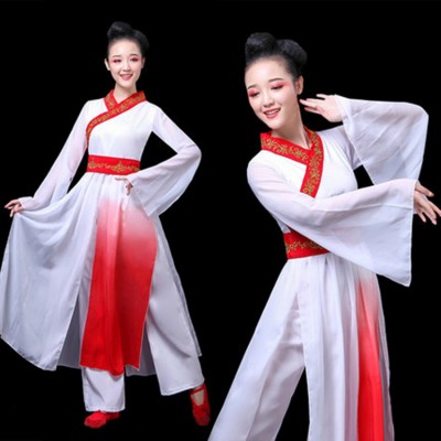 Women's chinese folk dance costumes  hanfu fairy dresses white with red ancient traditional classical yangko fan umbrella dance dresses