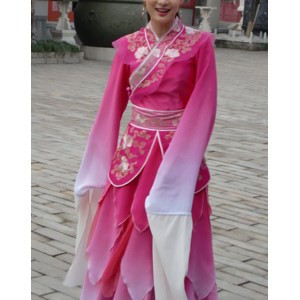 Women's Chinese folk dance costumes hanfu pink gradient water fall sleeves fairy  ancient traditional princess drama cosplay dresses