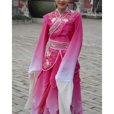 Women's Chinese folk dance costumes hanfu pink gradient water fall sleeves fairy  ancient traditional princess drama cosplay dresses