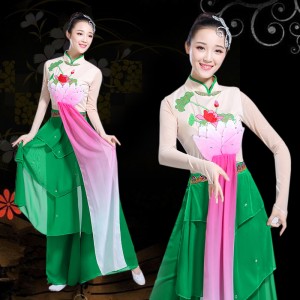 Women's chinese folk dance costumes lotus flowers fairy drama cosplay dresses yangko classical dance dress