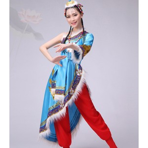 Women's chinese folk dance costumes mongolian tibet minority stage performance robes dresses