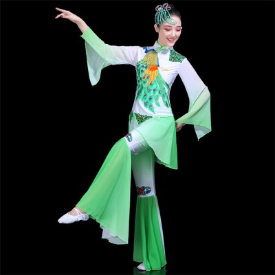 Women's chinese folk dance costumes peacock pattern yangko ancient traditional umbrella fan dance drummer stage performance dress