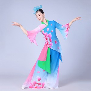 Women's chinese folk dance costumes pink blue gradient ancient traditional china fan yangko performance fairy cosplay dresses