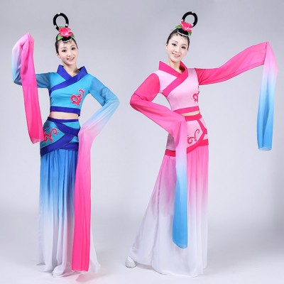 Women's Chinese folk dance costumes pink blue gradient colored hanfu water sleeves ancient traditional classical fairy cosplay dance dresses